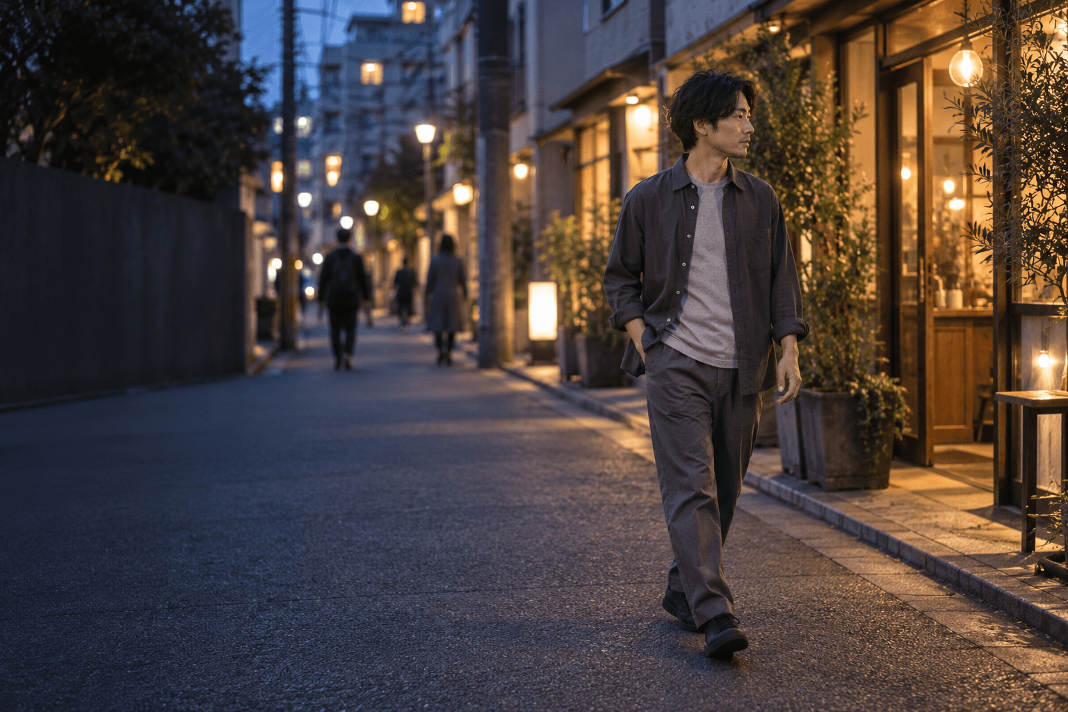 AIで生成した日常のイメージ: 同じデザイナーが日暮れの東京の街を歩く