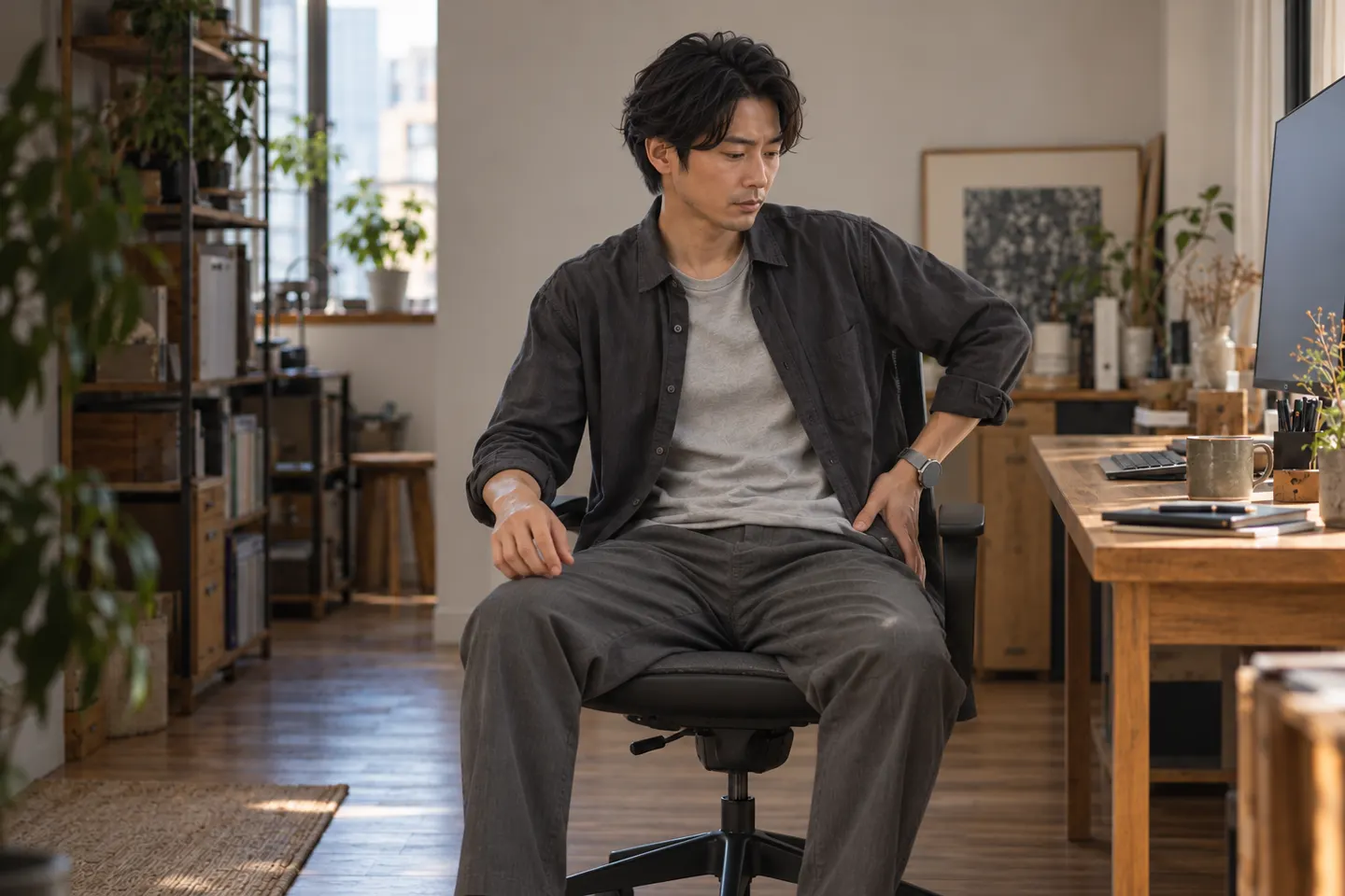AI生成：画面から視線を外し、左腰にそっと手を添える同じ人