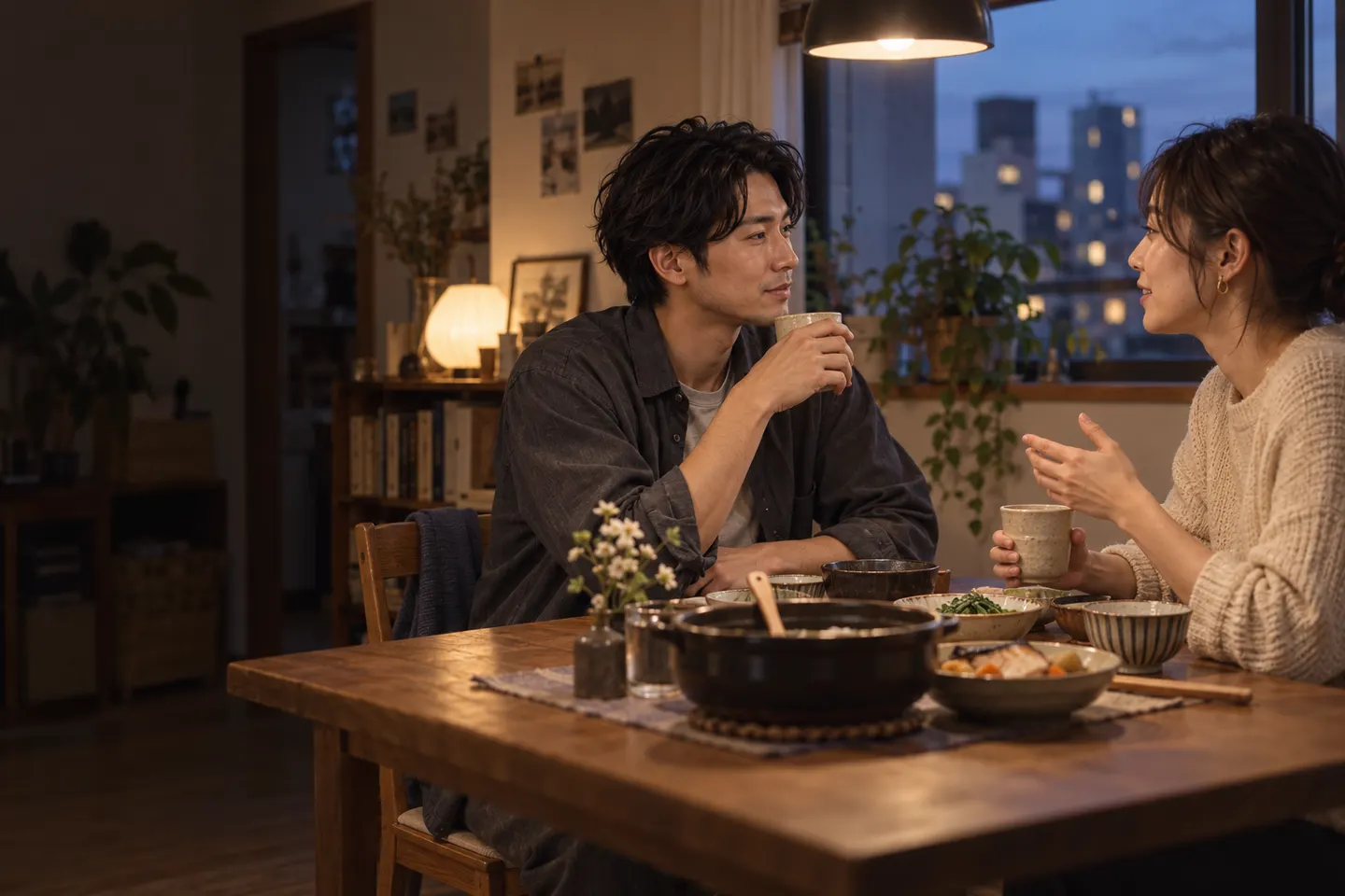 AI生成：夕食の席で、相手の話に耳を傾ける同じ人