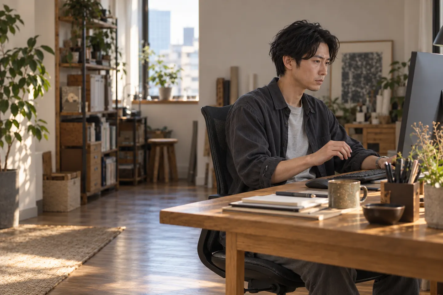 AI生成：仕事中、こわばりが気になり始めるデザイナー